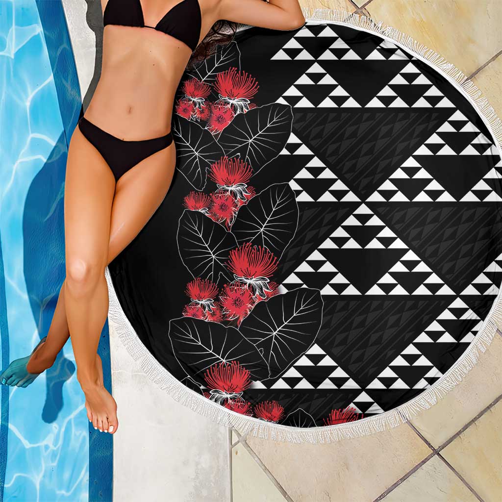 Hawaiian White Kakau Art Tattoo-Ohia Lehua and Taro Leaves Beach Blanket LT03 - Polynesian Pride