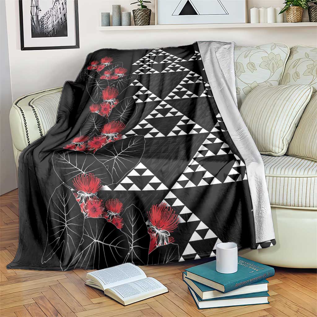 Hawaiian White Kakau Art Tattoo-Ohia Lehua and Taro Leaves Blanket LT03 Black-White - Polynesian Pride