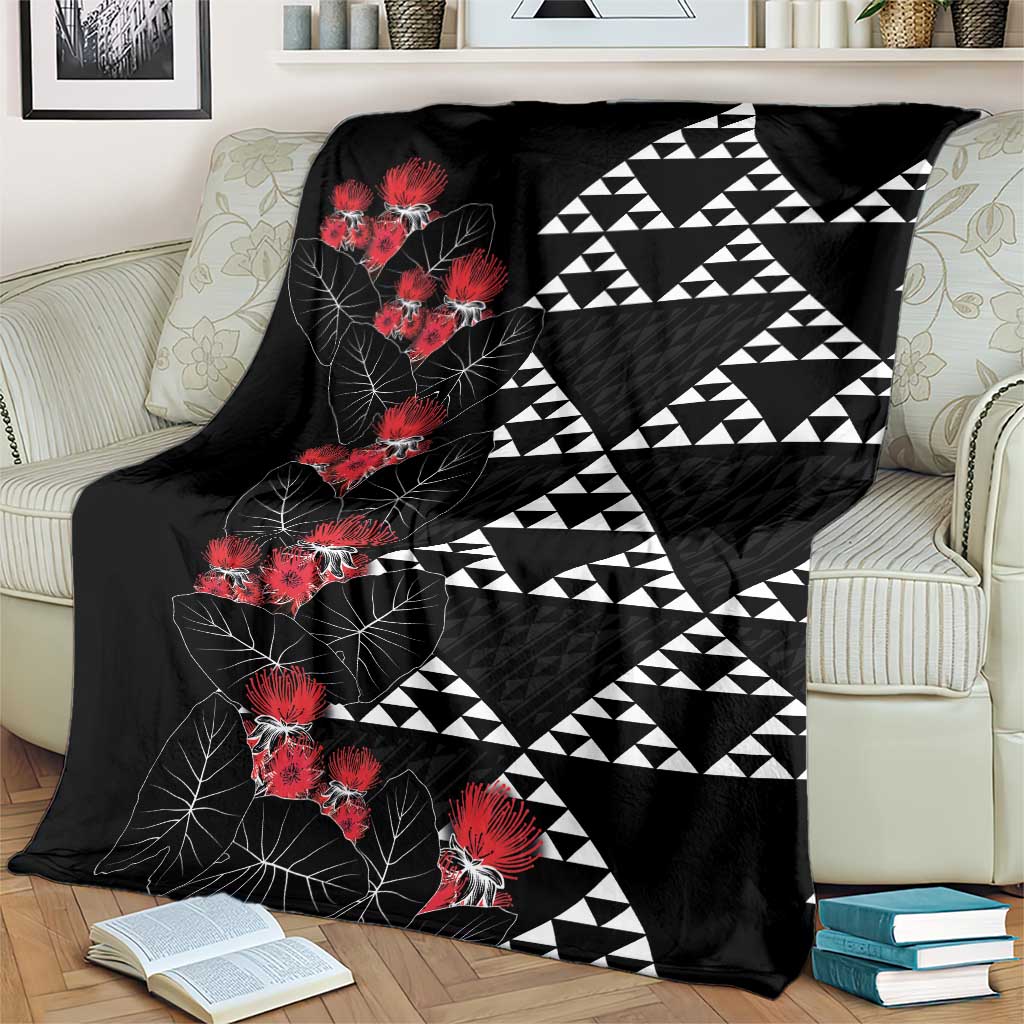 Hawaiian White Kakau Art Tattoo-Ohia Lehua and Taro Leaves Blanket LT03 - Polynesian Pride
