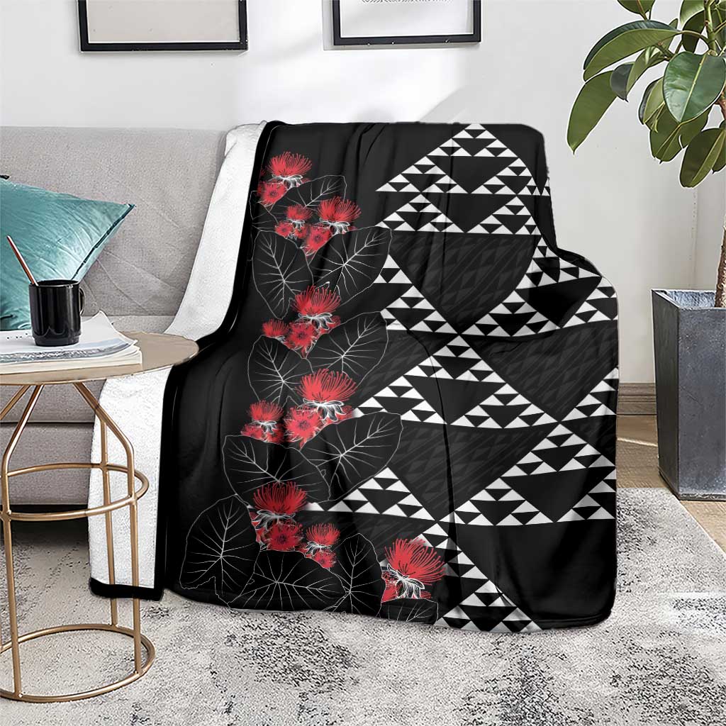 Hawaiian White Kakau Art Tattoo-Ohia Lehua and Taro Leaves Blanket LT03 - Polynesian Pride