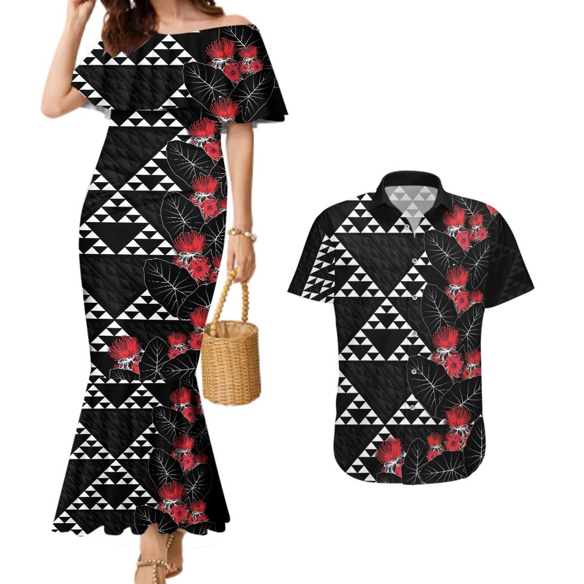 Hawaiian White Kakau Art Tattoo-Ohia Lehua and Taro Leaves Couples Matching Mermaid Dress and Hawaiian Shirt