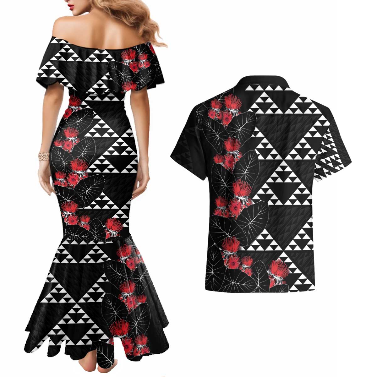 Hawaiian White Kakau Art Tattoo-Ohia Lehua and Taro Leaves Couples Matching Mermaid Dress and Hawaiian Shirt