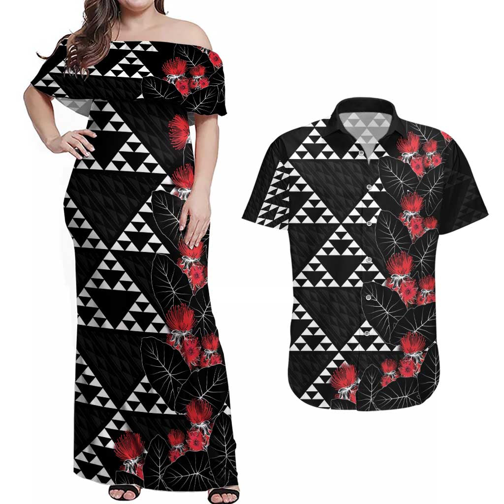 Hawaiian White Kakau Art Tattoo-Ohia Lehua and Taro Leaves Couples Matching Off Shoulder Maxi Dress and Hawaiian Shirt LT03 Black-White - Polynesian Pride