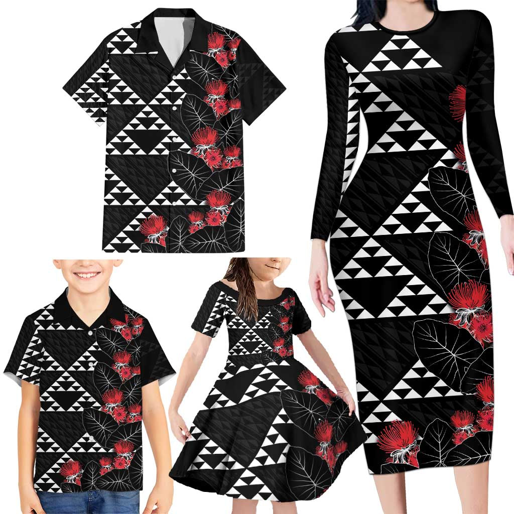 Hawaiian White Kakau Art Tattoo-Ohia Lehua and Taro Leaves Family Matching Long Sleeve Bodycon Dress and Hawaiian Shirt