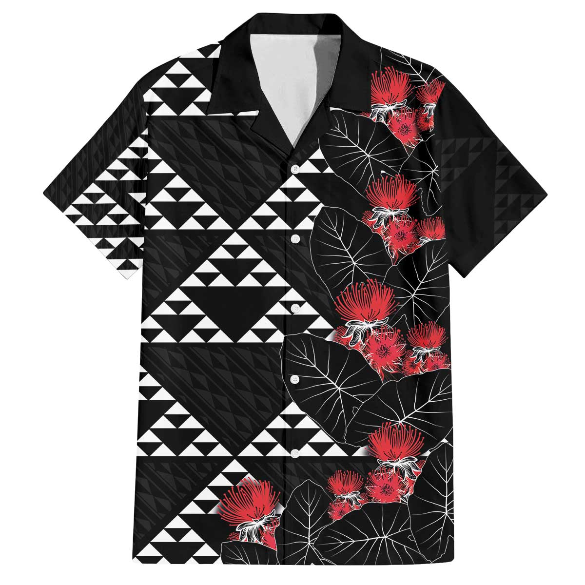 Hawaiian White Kakau Art Tattoo-Ohia Lehua and Taro Leaves Family Matching Off The Shoulder Long Sleeve Dress and Hawaiian Shirt