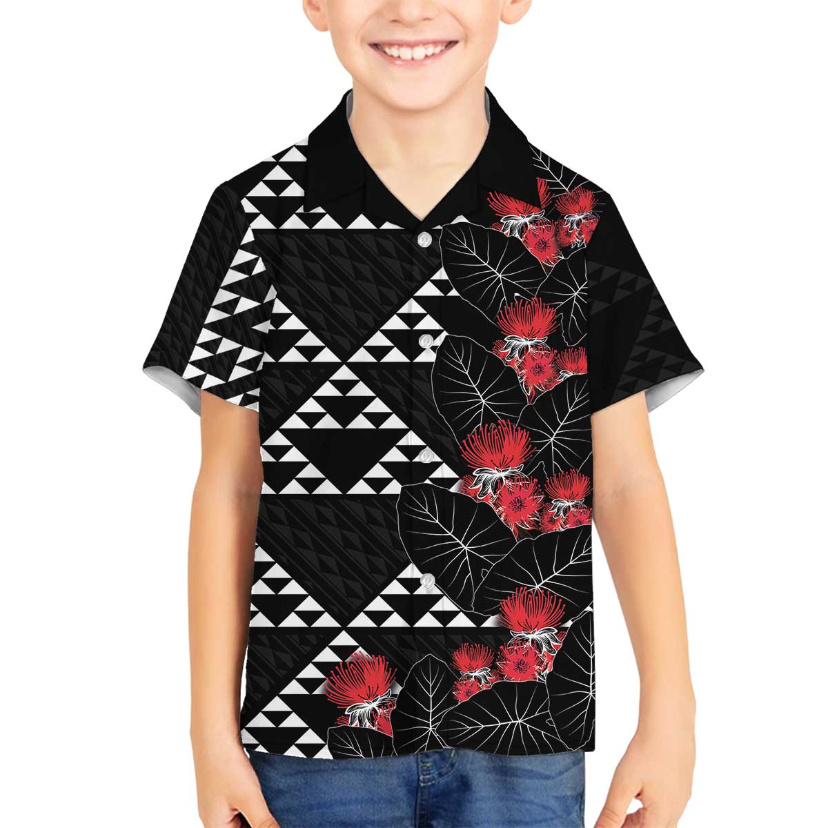 Hawaiian White Kakau Art Tattoo-Ohia Lehua and Taro Leaves Family Matching Off The Shoulder Long Sleeve Dress and Hawaiian Shirt