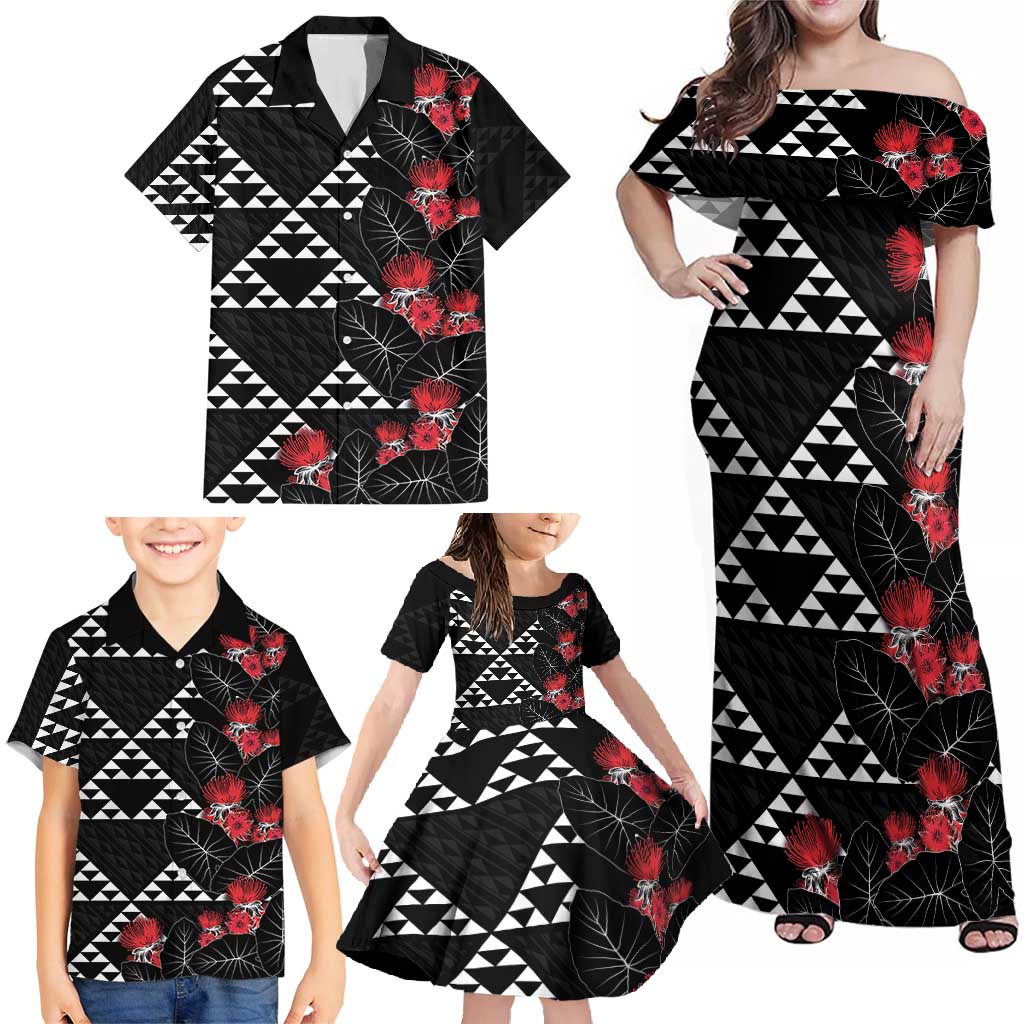 Hawaiian White Kakau Art Tattoo-Ohia Lehua and Taro Leaves Family Matching Off Shoulder Maxi Dress and Hawaiian Shirt