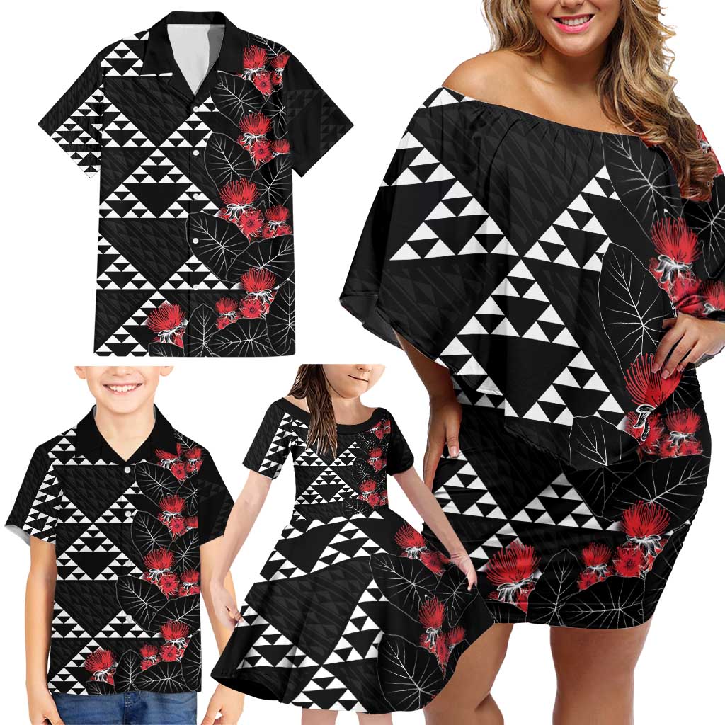 Hawaiian White Kakau Art Tattoo-Ohia Lehua and Taro Leaves Family Matching Off Shoulder Short Dress and Hawaiian Shirt