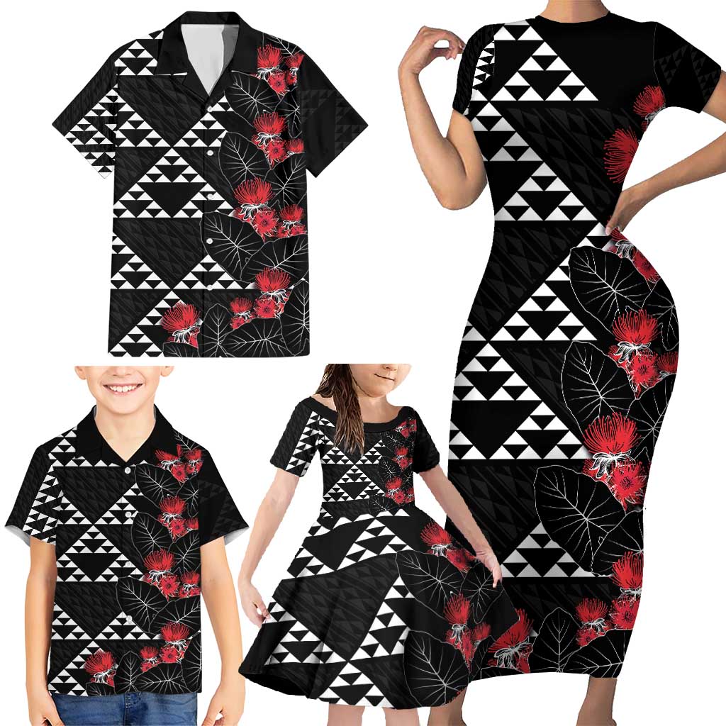 Hawaiian White Kakau Art Tattoo-Ohia Lehua and Taro Leaves Family Matching Short Sleeve Bodycon Dress and Hawaiian Shirt