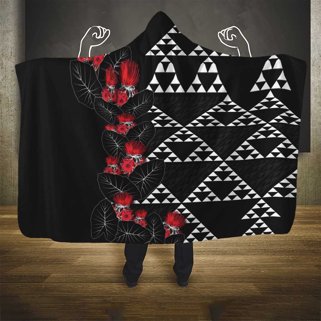 Hawaiian White Kakau Art Tattoo-Ohia Lehua and Taro Leaves Hooded Blanket LT03 - Polynesian Pride
