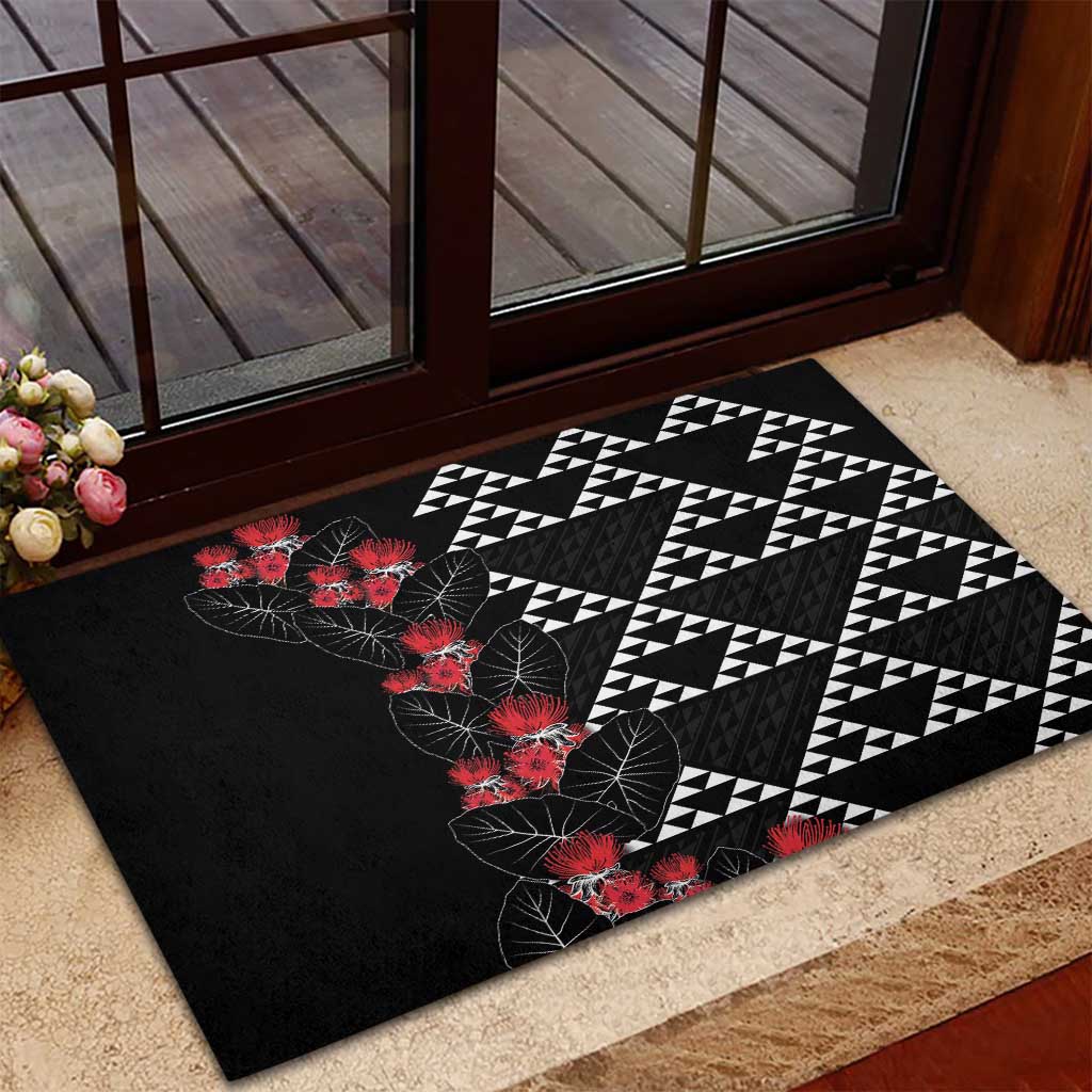 Hawaiian White Kakau Art Tattoo-Ohia Lehua and Taro Leaves Rubber Doormat LT03 - Polynesian Pride