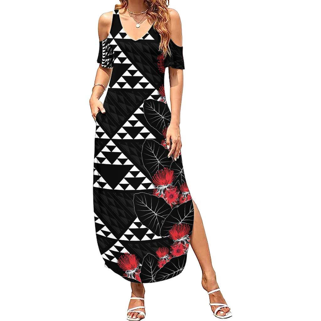 Hawaiian White Kakau Art Tattoo-Ohia Lehua and Taro Leaves Summer Maxi Dress LT03 Women Black-White - Polynesian Pride
