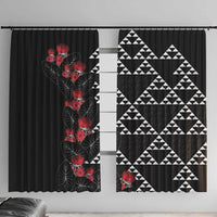 Hawaiian White Kakau Art Tattoo-Ohia Lehua and Taro Leaves Window Curtain LT03 With Hooks Black-White - Polynesian Pride