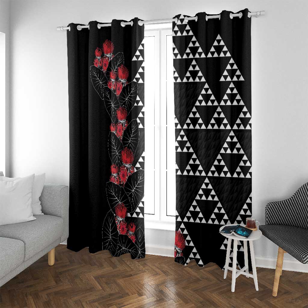 Hawaiian White Kakau Art Tattoo-Ohia Lehua and Taro Leaves Window Curtain LT03 With Grommets Black-White - Polynesian Pride
