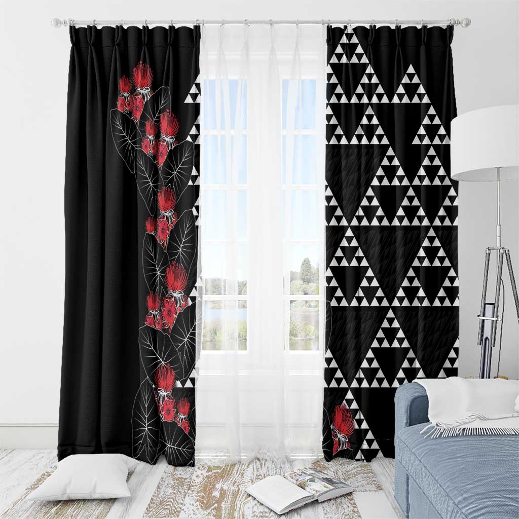 Hawaiian White Kakau Art Tattoo-Ohia Lehua and Taro Leaves Window Curtain LT03 - Polynesian Pride