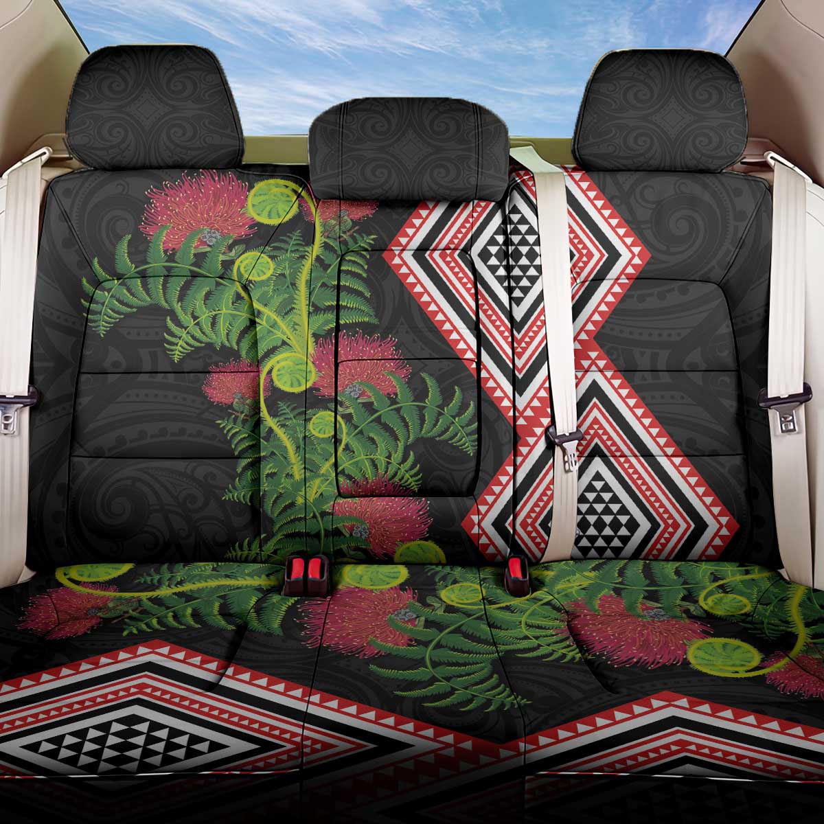 Aotearoa Tukutuku Motif Back Car Seat Cover Pohutukawa and Fern Leaves