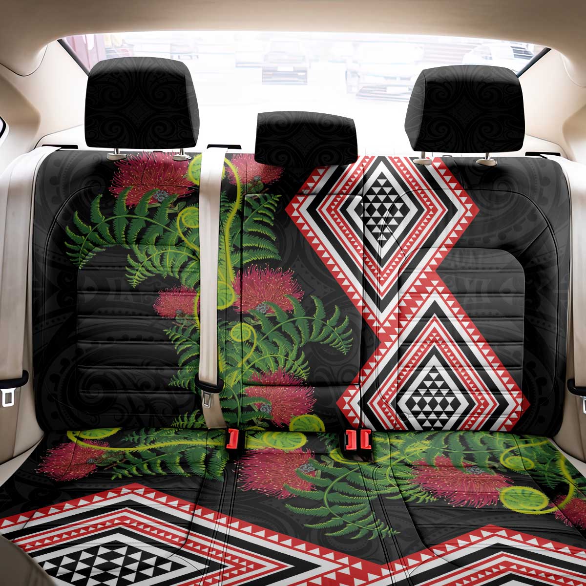 Aotearoa Tukutuku Motif Back Car Seat Cover Pohutukawa and Fern Leaves