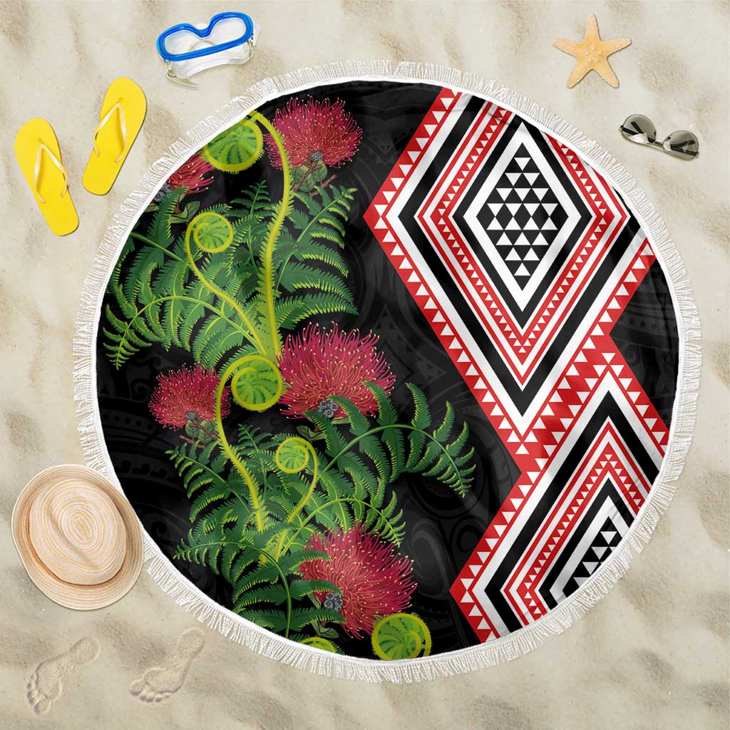 Aotearoa Tukutuku Motif Beach Blanket Pohutukawa and Fern Leaves