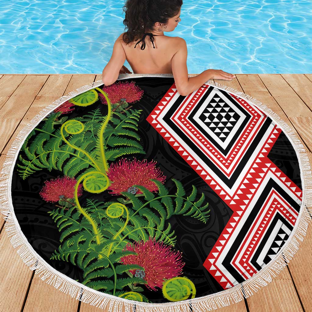 Aotearoa Tukutuku Motif Beach Blanket Pohutukawa and Fern Leaves LT03 - Polynesian Pride