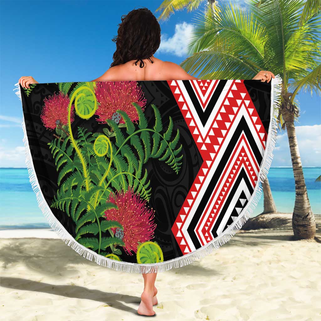 Aotearoa Tukutuku Motif Beach Blanket Pohutukawa and Fern Leaves LT03 - Polynesian Pride