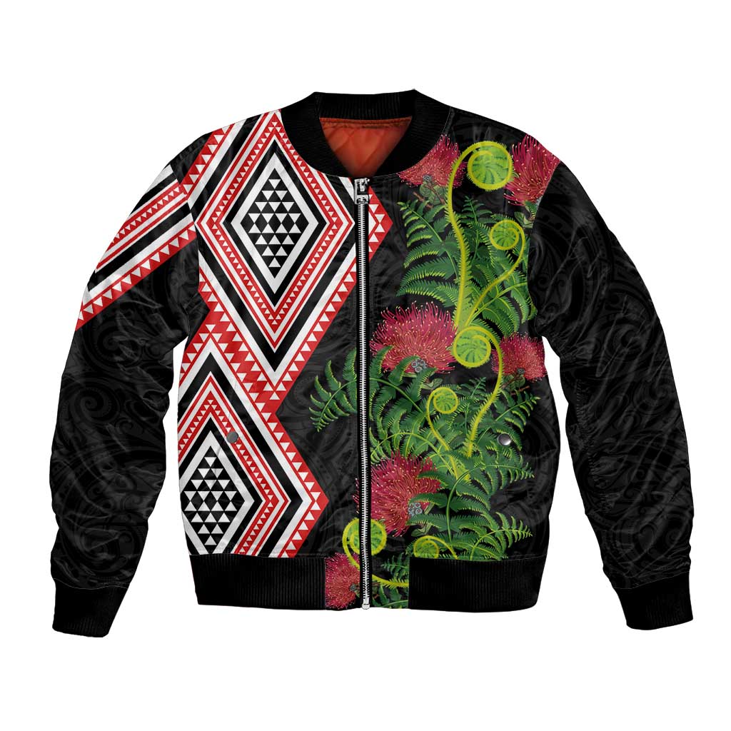 Aotearoa Tukutuku Motif Bomber Jacket Pohutukawa and Fern Leaves