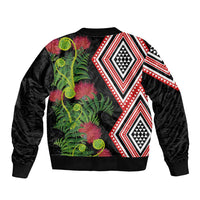 Aotearoa Tukutuku Motif Bomber Jacket Pohutukawa and Fern Leaves