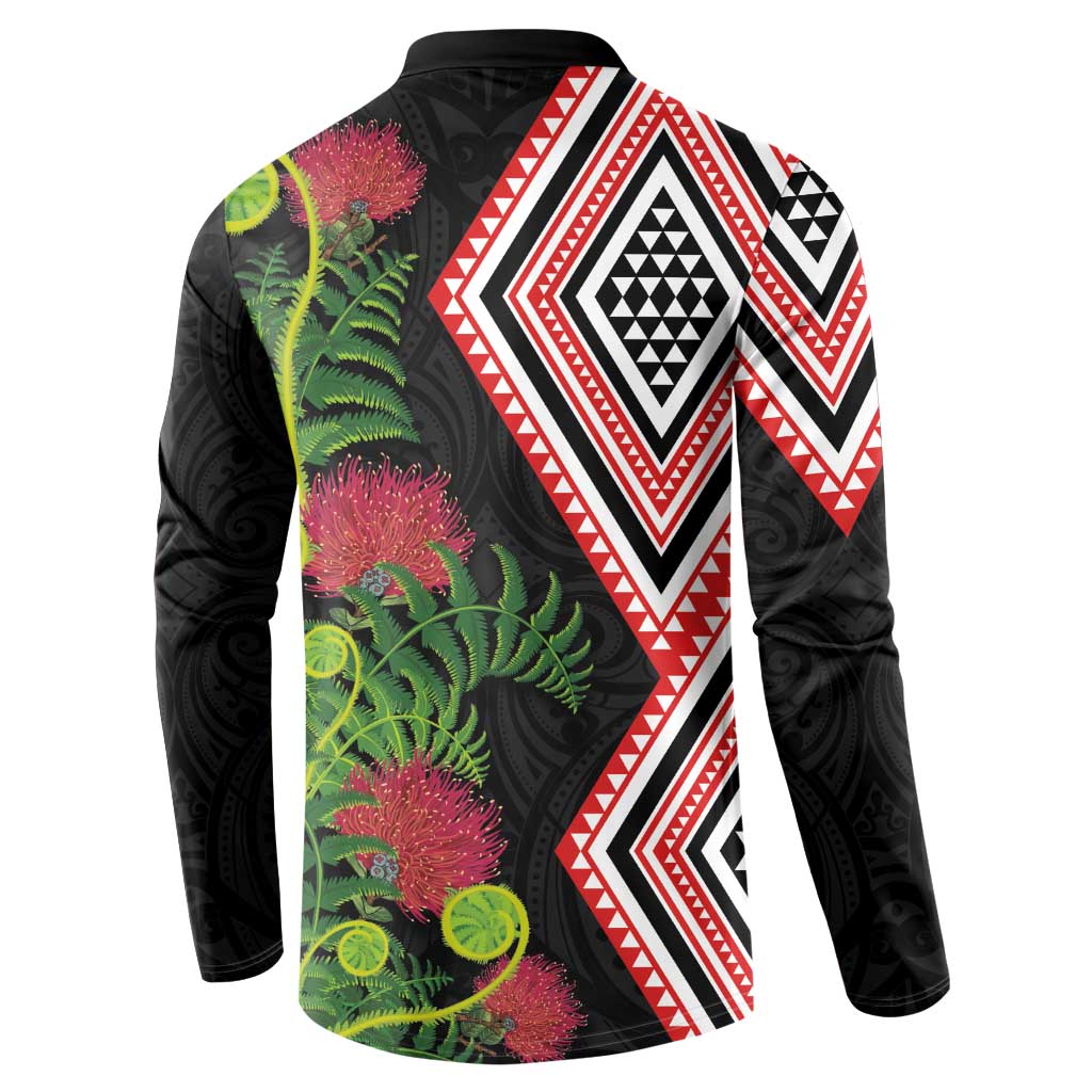 Aotearoa Tukutuku Motif Button Sweatshirt Pohutukawa and Fern Leaves LT03 - Polynesian Pride