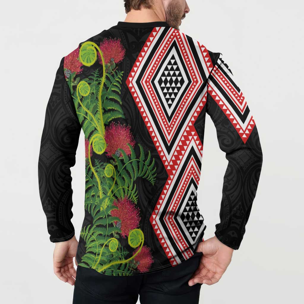 Aotearoa Tukutuku Motif Button Sweatshirt Pohutukawa and Fern Leaves LT03 - Polynesian Pride