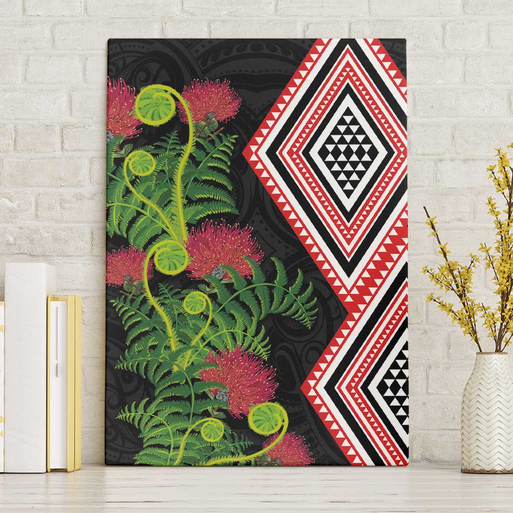 Aotearoa Tukutuku Motif Canvas Wall Art Pohutukawa and Fern Leaves LT03 Without Frame Black - Polynesian Pride
