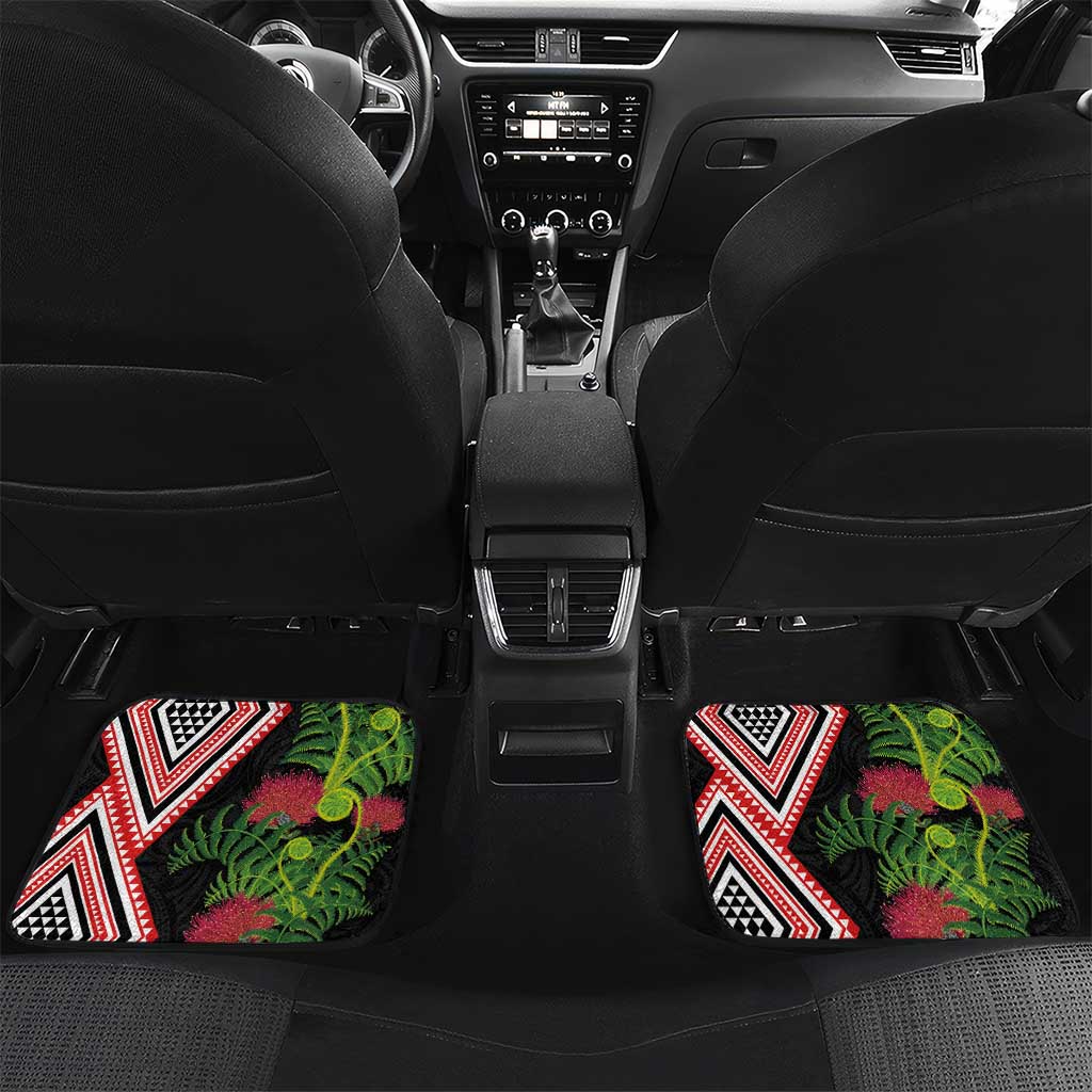 Aotearoa Tukutuku Motif Car Mats Pohutukawa and Fern Leaves LT03 Set 2pcs - Back Black - Polynesian Pride
