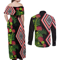 Aotearoa Tukutuku Motif Couples Matching Off Shoulder Maxi Dress and Long Sleeve Button Shirt Pohutukawa and Fern Leaves