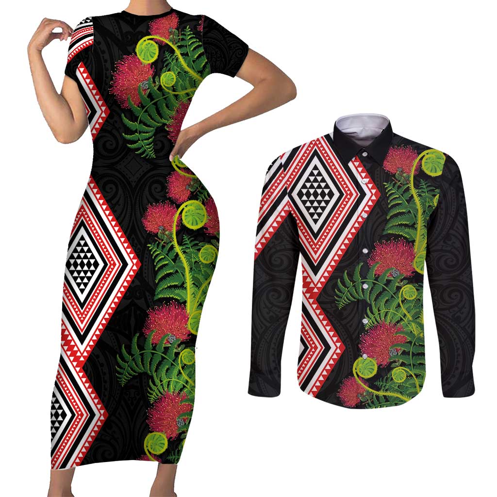 Aotearoa Tukutuku Motif Couples Matching Short Sleeve Bodycon Dress and Long Sleeve Button Shirt Pohutukawa and Fern Leaves
