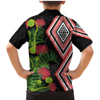 Aotearoa Tukutuku Motif Family Matching Mermaid Dress and Hawaiian Shirt Pohutukawa and Fern Leaves