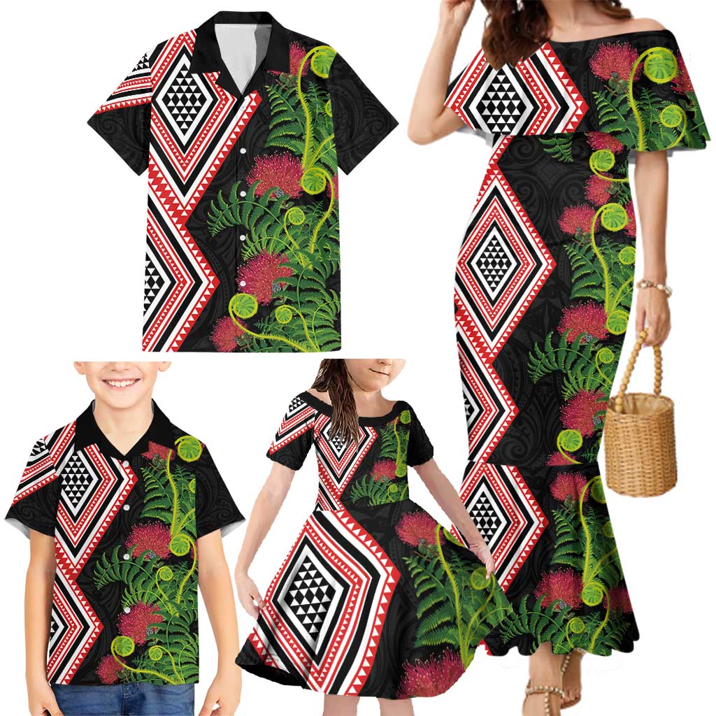 Aotearoa Tukutuku Motif Family Matching Mermaid Dress and Hawaiian Shirt Pohutukawa and Fern Leaves
