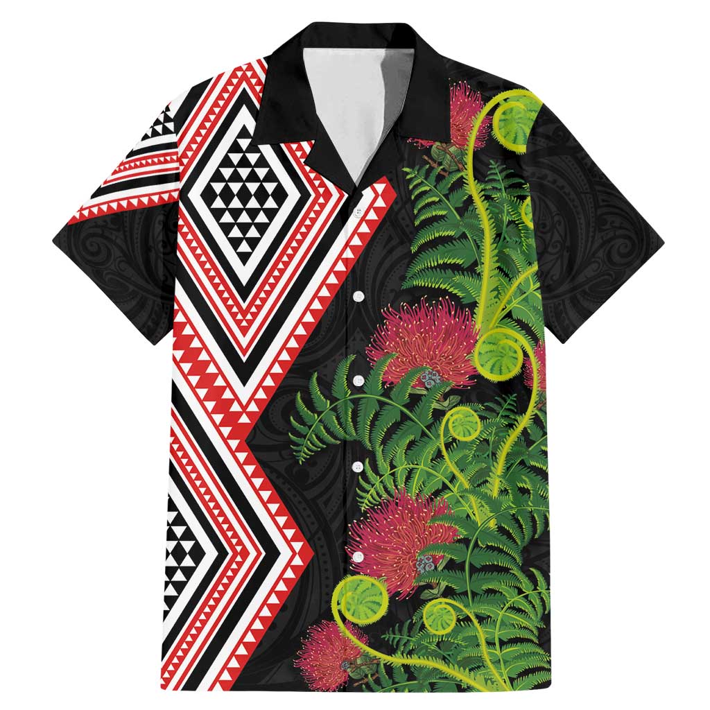 Aotearoa Tukutuku Motif Family Matching Mermaid Dress and Hawaiian Shirt Pohutukawa and Fern Leaves