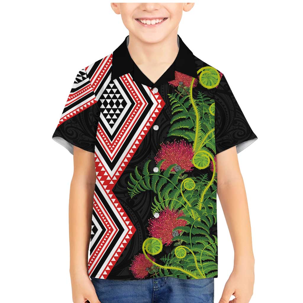 Aotearoa Tukutuku Motif Family Matching Mermaid Dress and Hawaiian Shirt Pohutukawa and Fern Leaves