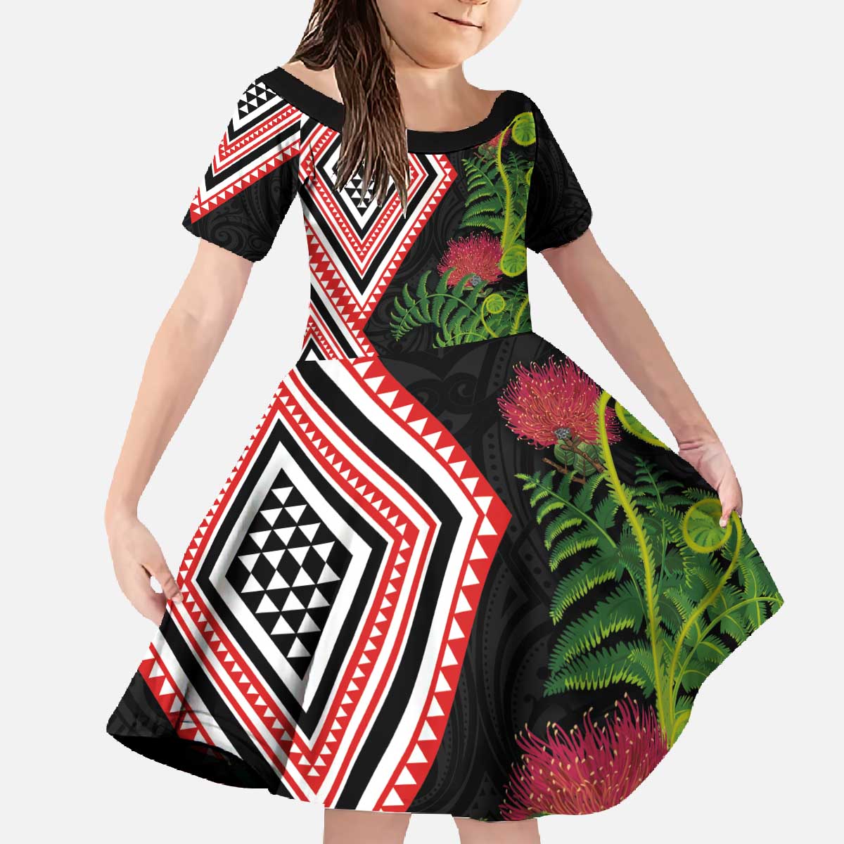 Aotearoa Tukutuku Motif Family Matching Off The Shoulder Long Sleeve Dress and Hawaiian Shirt Pohutukawa and Fern Leaves