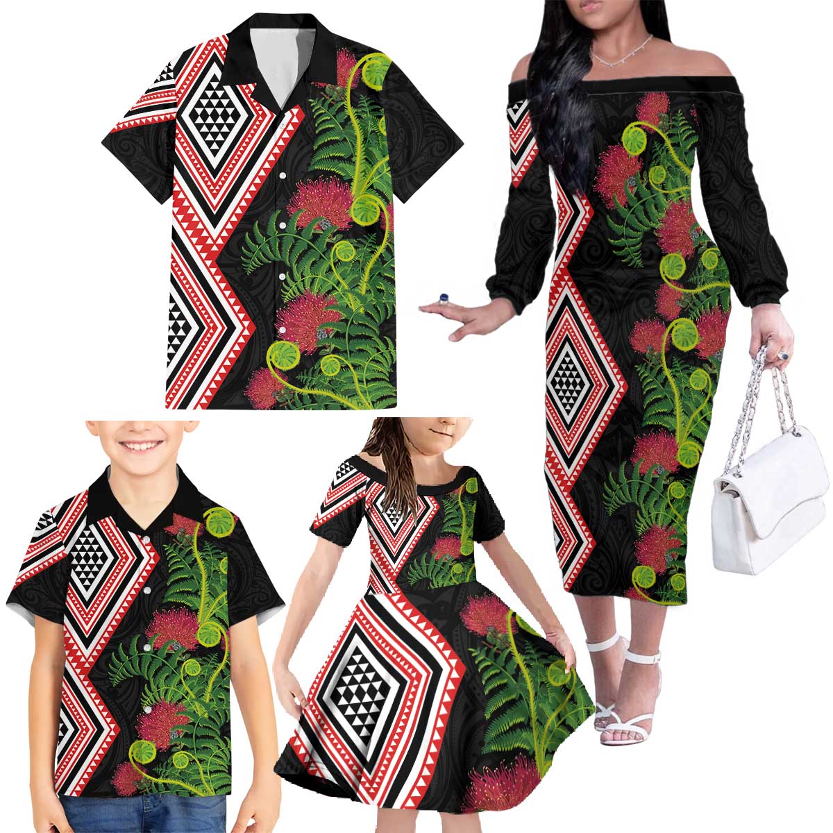 Aotearoa Tukutuku Motif Family Matching Off The Shoulder Long Sleeve Dress and Hawaiian Shirt Pohutukawa and Fern Leaves