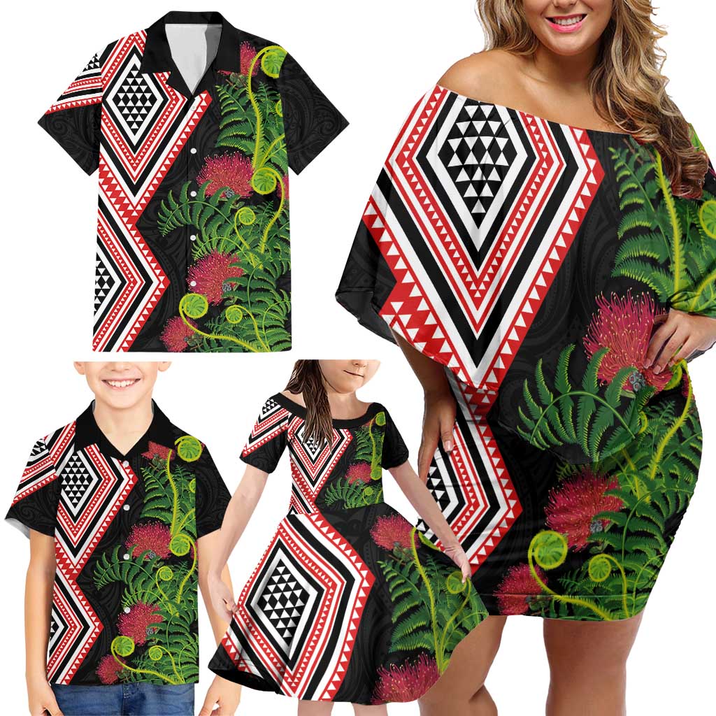 Aotearoa Tukutuku Motif Family Matching Off Shoulder Short Dress and Hawaiian Shirt Pohutukawa and Fern Leaves