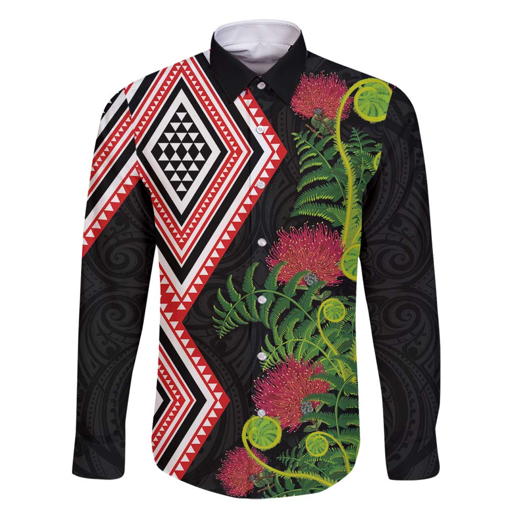 Aotearoa Tukutuku Motif Family Matching Off Shoulder Short Dress and Hawaiian Shirt Pohutukawa and Fern Leaves