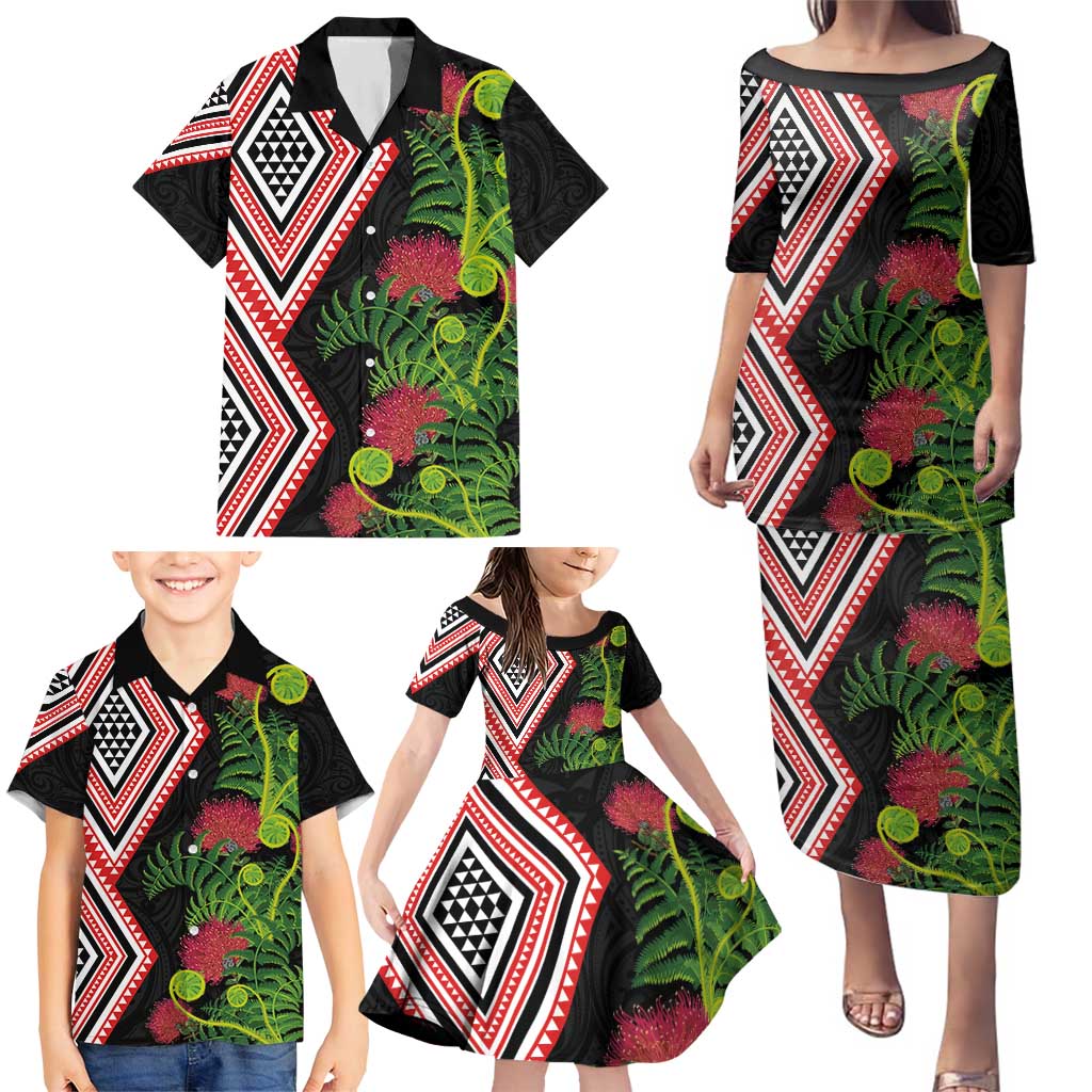 Aotearoa Tukutuku Motif Family Matching Puletasi and Hawaiian Shirt Pohutukawa and Fern Leaves