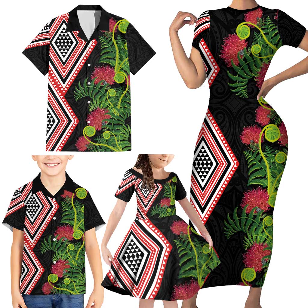 Aotearoa Tukutuku Motif Family Matching Short Sleeve Bodycon Dress and Hawaiian Shirt Pohutukawa and Fern Leaves