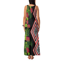 Aotearoa Tukutuku Motif Family Matching Tank Maxi Dress and Hawaiian Shirt Pohutukawa and Fern Leaves