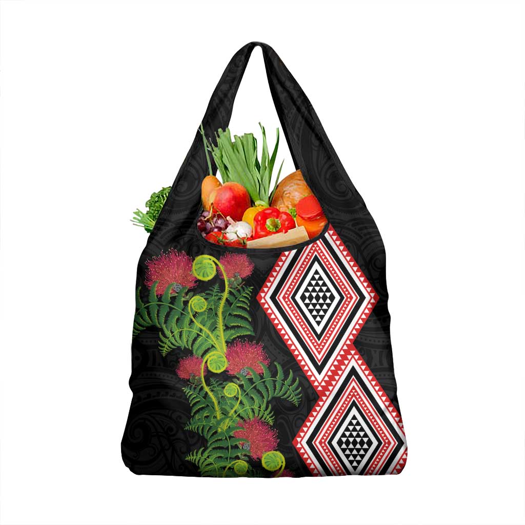 Aotearoa Tukutuku Motif Grocery Bag Pohutukawa and Fern Leaves LT03 1-pack One Size Black - Polynesian Pride