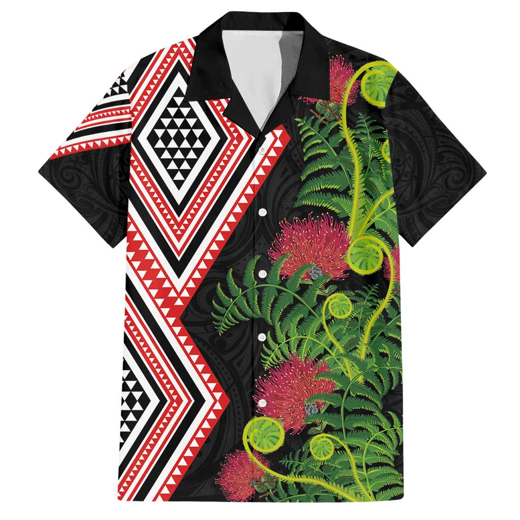 Aotearoa Tukutuku Motif Hawaiian Shirt Pohutukawa and Fern Leaves LT03 Black - Polynesian Pride