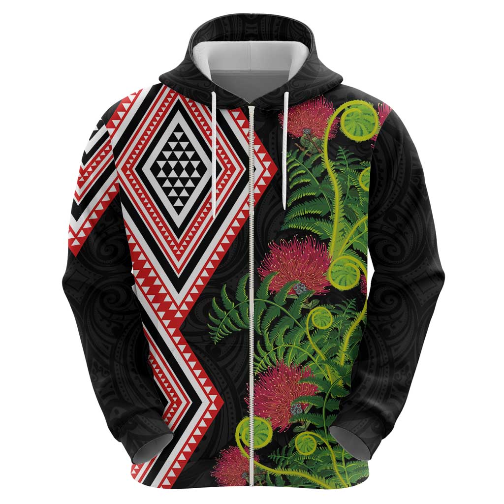 Aotearoa Tukutuku Motif Hoodie Pohutukawa and Fern Leaves