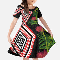Aotearoa Tukutuku Motif Kid Short Sleeve Dress Pohutukawa and Fern Leaves