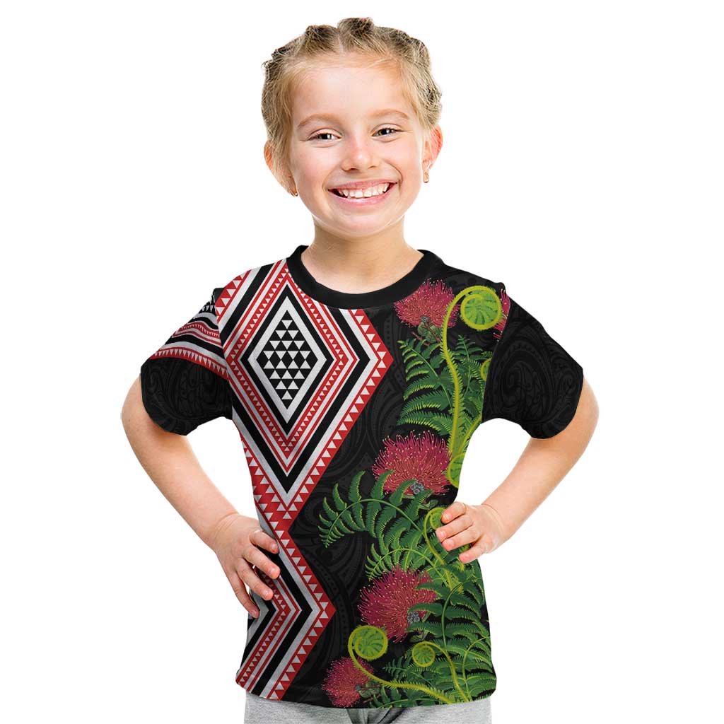 Aotearoa Tukutuku Motif Kid T Shirt Pohutukawa and Fern Leaves