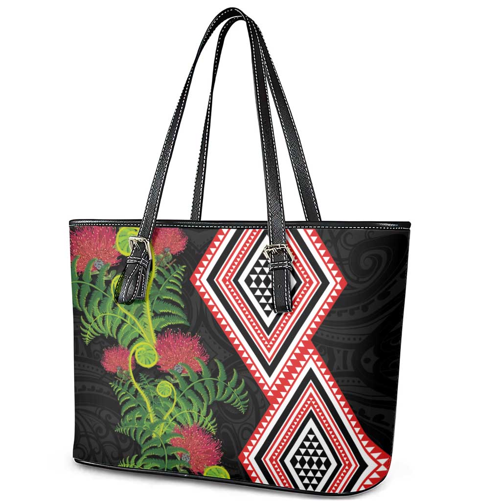 Aotearoa Tukutuku Motif Leather Tote Bag Pohutukawa and Fern Leaves