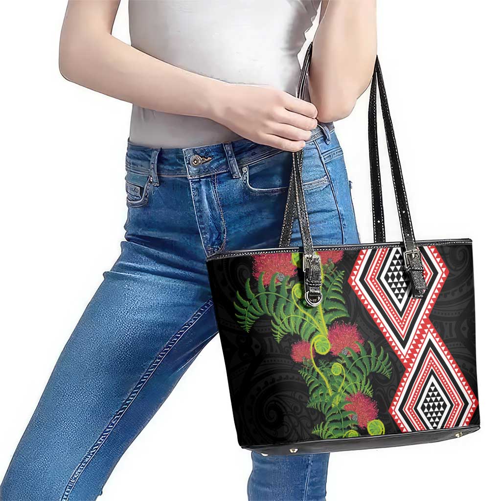 Aotearoa Tukutuku Motif Leather Tote Bag Pohutukawa and Fern Leaves